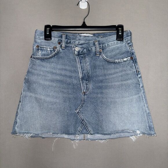 Agolde Denim Skirt 25 Blue Distressed Criss Cross Frayed Hem Organic Cotton - Picture 2 of 11